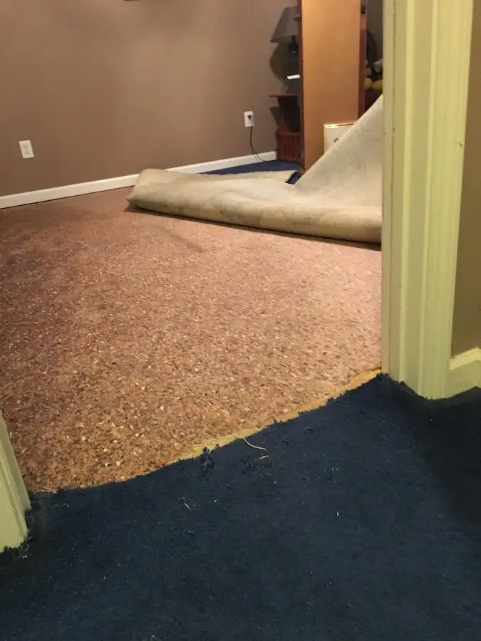 Carpet pad removal revealing water damage during Water Mitigation Services in Ada